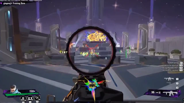 FragPunk training range view through a scoped rifle with on-screen target markers on practice dummies.