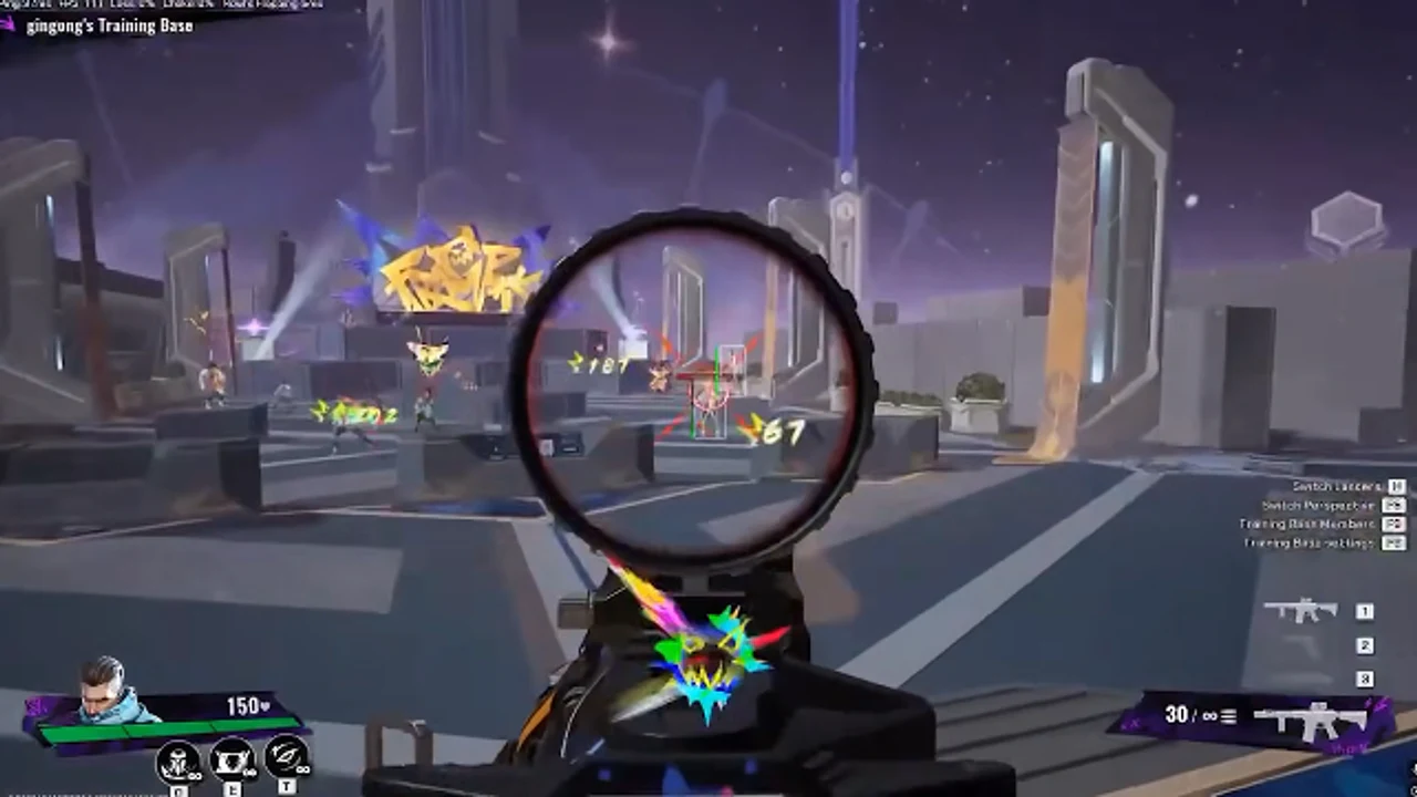 FragPunk training scene showing numbered hit indicators and boxes on targets downrange.